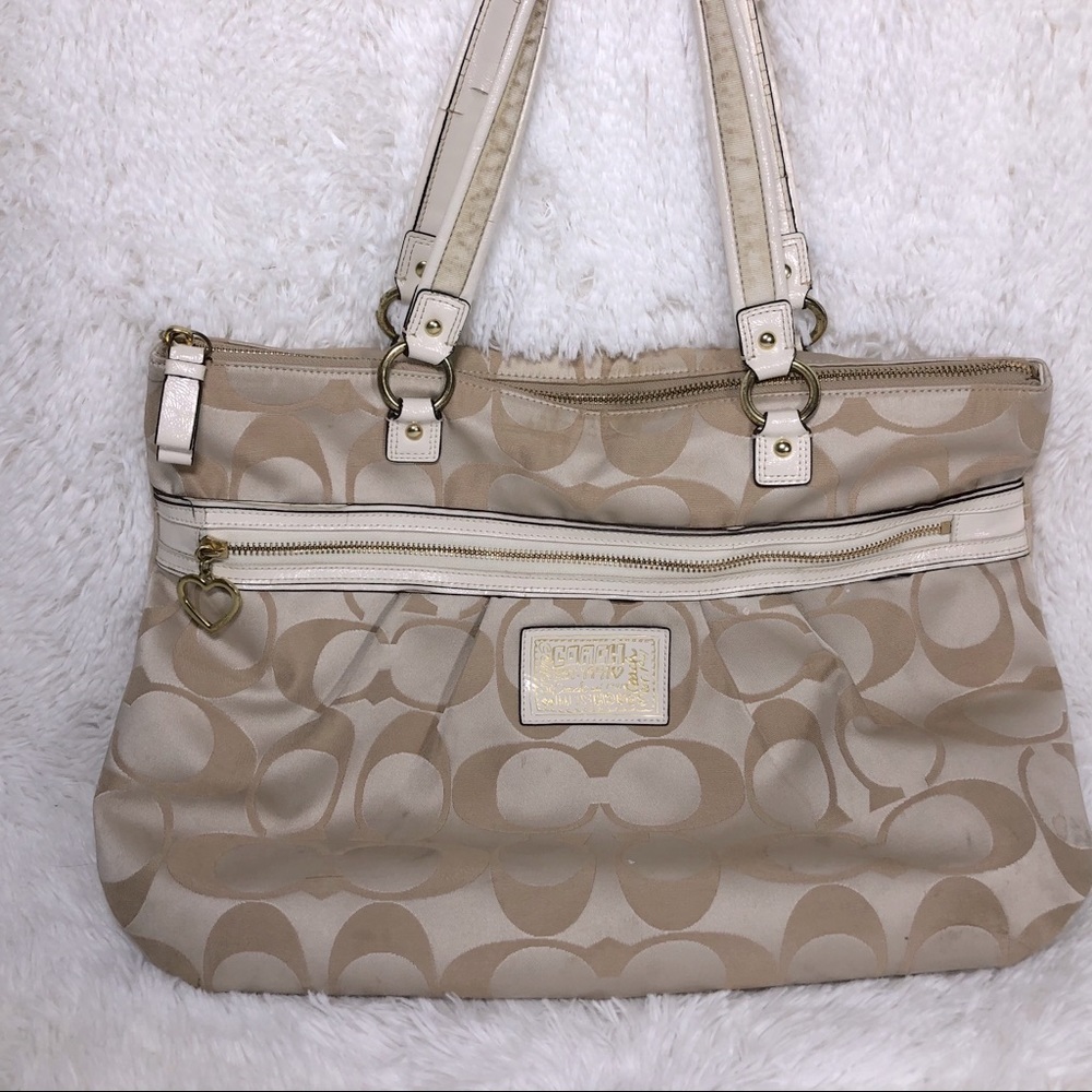 coach beige and white zip top tote purse